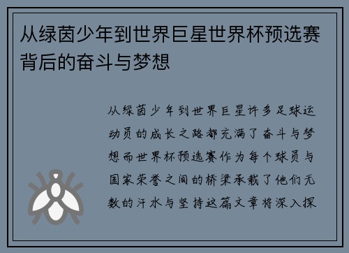 从绿茵少年到世界巨星世界杯预选赛背后的奋斗与梦想 从绿茵少年到世界巨星世界杯预选赛背后的奋斗与梦想