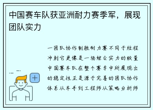 中国赛车队获亚洲耐力赛季军，展现团队实力